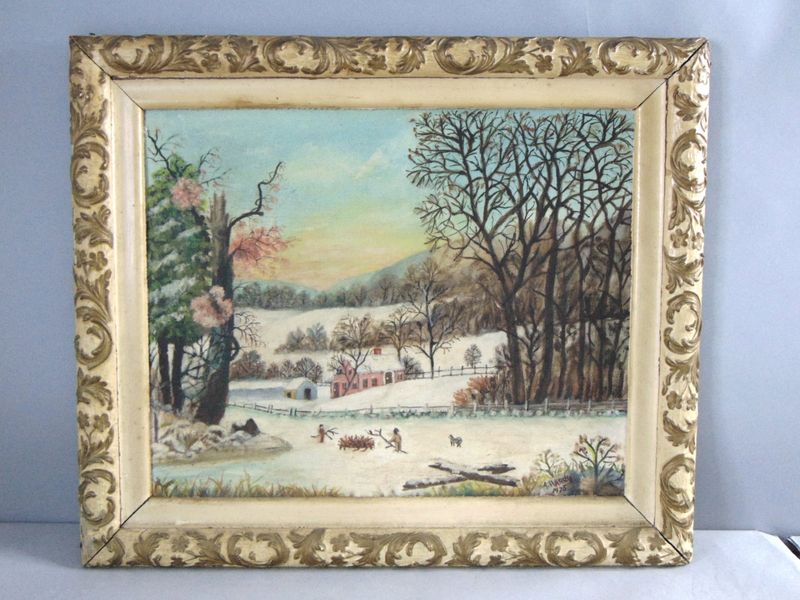 Vintage Estate Artist Signed & Framed Landscape Oil Painting: FOR SALE IS THIS VINTAGE ESTATE ARTIST SIGNED & FRAMED LANDSCAPE OIL PAINTING. PAINTING IS SIGNED & DATED BY ARTIST A. HARDY IN 1975. THE FRAME MEASURES 27" BY 23 1/4". FRAME HAS CHIPS,CRACKING, AND C