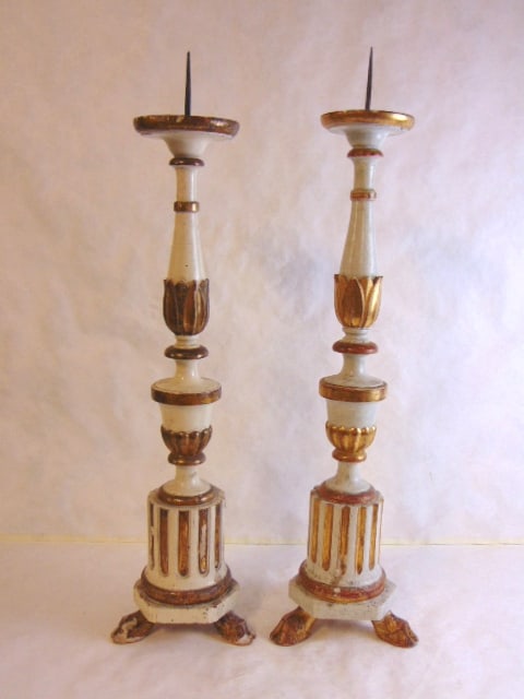 PR ANTIQUE FRENCH TORCHIERE CANDLE HOLDERS: A PAIR OF EARLY ANTIQUE TORCHIERE CANDLE HOLDERS THAT ARE BELIEVED TO BE MADE IN FRANCE. THE CANDLE HOLDERS MEASURE ABOUT 32" TALL BY 8" WIDE. CONDITION IS GOOD FOR THEIR AGE BUT AS YOU MAY BE ABLE TO