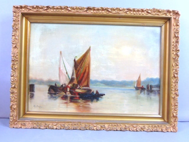 ANTIQUE SEASCAPE PAINTING BY LISTED ARTIST M. BOPP: A BEAUTIFUL ANTIQUE OIL ON CANVAS PAINTING DONE BY LISTED ARTIST M.BOPP. THE PAINTING MEASURES 18 3/4" BY 13 3/4" WITH THE FRAME. CONDITION OF THE PAINTING IS GREAT FOR ITS AGE. THIS PAINTING HAS A BE