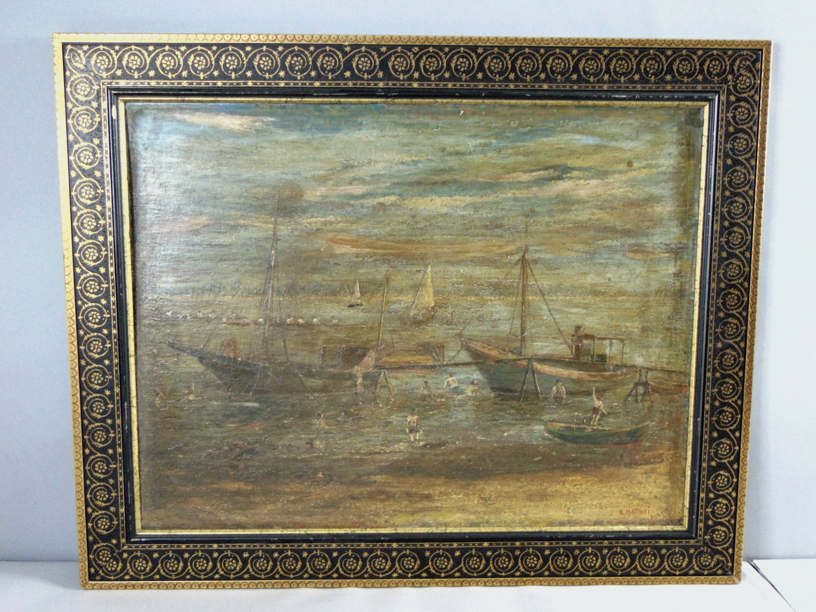 Vintage Artist Signed H. Mattioli Shipyard Oil Painting On Canvas: A BEAUTIFUL SIGNED OIL PAINTING ON CANVAS THAT MEASURES 33 1/2" BY 27". THE PAINTING IS SIGNED AND DATED H. MATTIOLI 1930. FRAME HAS MINOR BLEMISHES ABD A CHIP AS SEEN IN THE PICTURES, WOULD BE BUYING