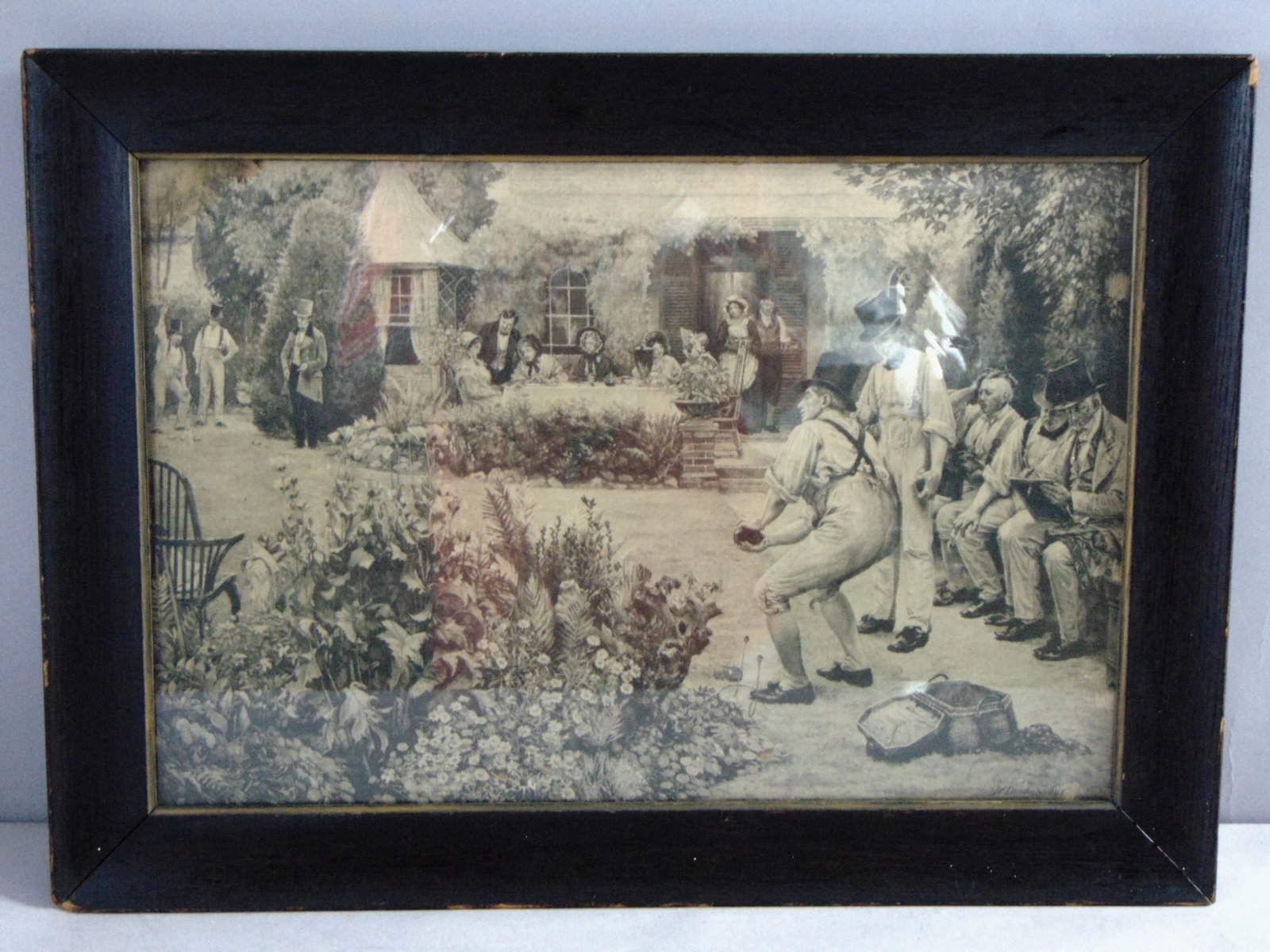 Vintage Estate 'A Game Of Bowls' Signed Framed Victorian Art Print: FOR SALE IS THIS VINTAGE ESTATE 'A GAME OF BOWLS' SIGNED FRAMED VICTORIAN ART PRINT. THE FRAME MEASURES 23" BY 16 1/2". PIECE IS SIGNED BY ARTIST W. DENDY SADLER. FRAME HAS SOME BLEMSHES AND CHIPS, PR