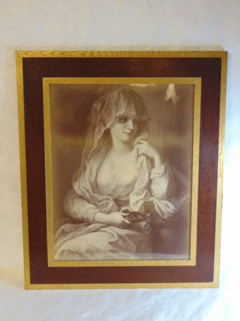 Antique Victorian Print of Woman Framed: AN ANTIQUE BALCK & WHITE VICTORIAN PRINT OF A WOMAN HOLDING A FINGER LAMP. PIECE MEASURES 38" BY 31 3/4". CONDITION LOOKS VERY NICE FOR IT AGE.