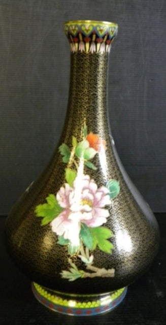 DECORATIVE CHINESE ASIAN CLOISONNE VASE LAMP BASE: Up for sale is this wonderful decorative chinese cloisonne lamp base vase. The vase measures 12 1/2" tall, with a 4 3/4" diameter base. Would make an excellent accent piece or decorators piece.