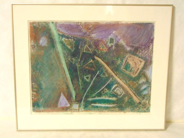 Vintage Modern Abstract Pastel Drawing by S. Keyes: Up for sale is this wonderful vintage modern abstract pastel drawing done by Susan Keyes. Piece measures 30 1/2" by 25 1/2" with the frame. Condition looks very nice. Piece is entitled "In Slow" in 19