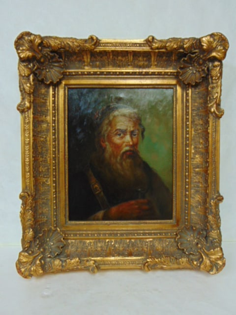 VINTAGE OIL ON CANVAS BEARDED MAN PORTRAIT W/ COA: A BEAUTIFUL VINTAGE OIL ON CANVAS PAINTING OF A BEARDED MAN HOLDING A BOTTLE. THE PAINTING MEASURES 31 1/4" BY 27 1/2" BY 6 1/4" WITH THE FRAME. THE BACK OF THE PAINTING HAS A CERTIFICATE OF AUTHENTIC