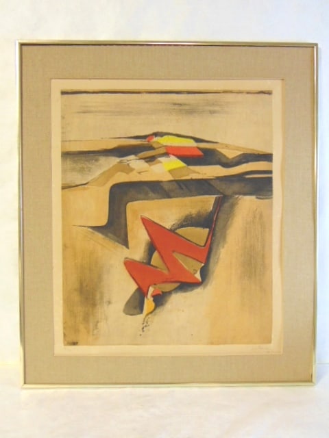Vintage Modern Abstract Serigraph Etching Signed: A VINTAGE MODERN ABSTRACT SERIGRAPH ETCHING THAT MEASURES 31 1/2" BY 27 1/2" WITH THE FRAME. PIECE IS SIGNED AND NUMBERED BUT NOT SURE WHO THE ARTIST IS. PIECE DOES HAVE SOME BLEMISHES, AND NEEDS A NE