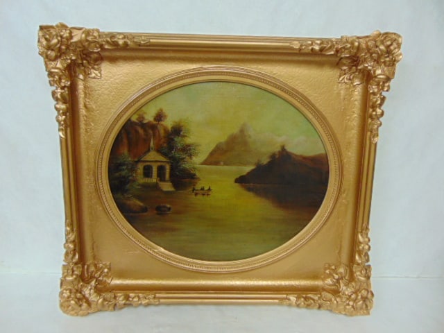 ANTIQUE 19TH C. OIL ON CANVAS FLOOD SCENE PAINTING: AN ANTIQUE 19TH C. OIL ON CANVAS PAINTING OF A FLOOD. THE PAINTING MEASURES 32" BY 28 1/2" WITH THE FRAME. CONDITION OF THE PAINTING IS GREAT FOR ITS AGE. THE FRAME APPEARS TO HAVE SOME OLD REPAIRS