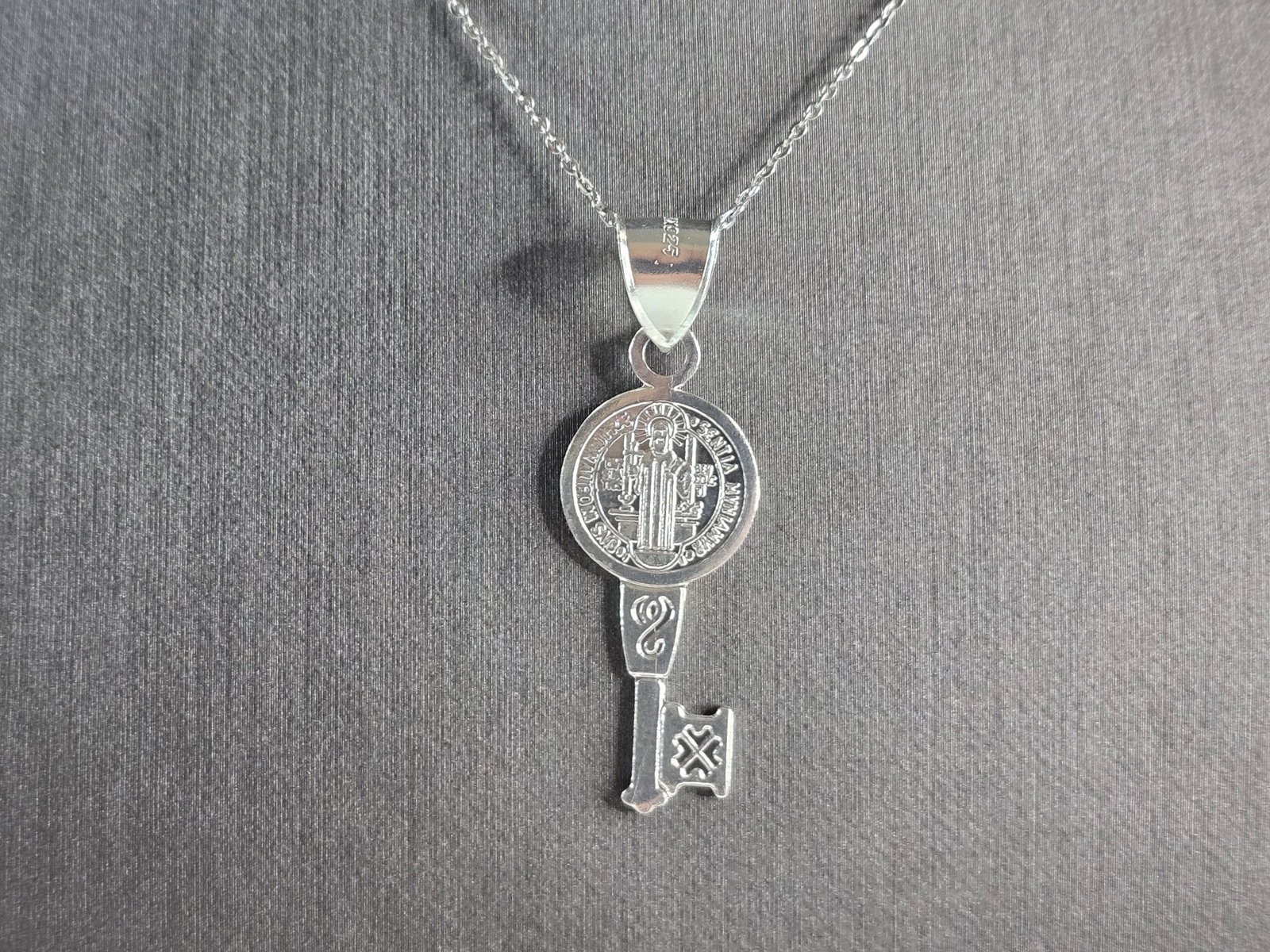 Womens Sterling Silver Religious Saint Benedict Key Pendant Necklace (1 of 4)