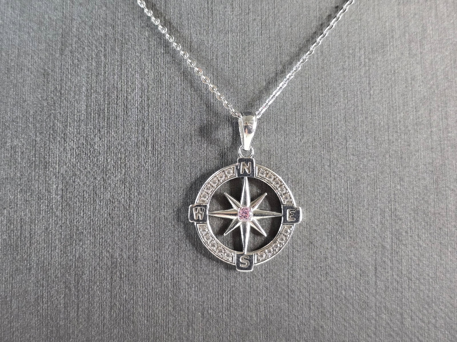 Womens Sterling Silver CZ Nautical Compass Pendant Necklace (1 of 4)