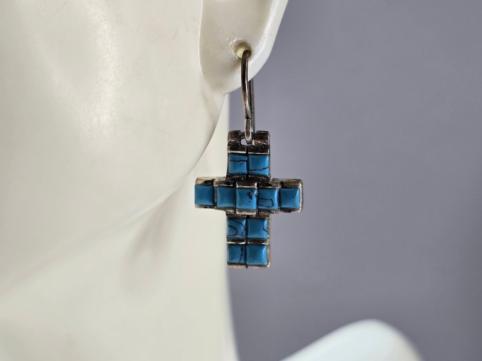 Womens Estate Sterling Silver Southwestern Turquoise Cross Earrings (1 of 4)