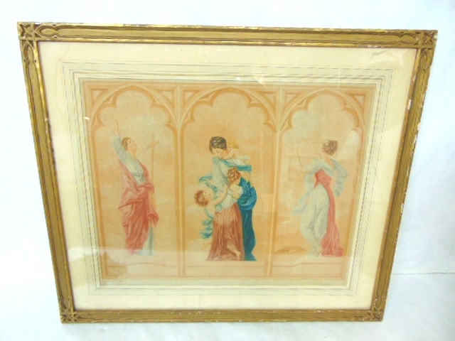 ANTIQUE FRENCH MEZZOTINT ? ENGRAVING BY GAILLARD: A LOVELY VINTAGE ANTIQUE RELIGIOUS ART WORK THAT IS SIGNED L. DANTRAS. THE PIECE MEASURES 30" BY 25 3/4" WITH THE FRAME. CONDITION OF THE PRINT IS GOOD, JUST A VERY MINOR WATER MARK ON THE MATTE. THE 