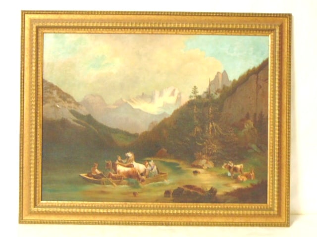 ANTIQUE OIL ON CANVAS RIVER MOUNTAIN SCENE PAINTING: AN ANTIQUE OIL ON CANVAS PAINTING OF A FAMILY FORDING A RIVER. PAINTING MEASURES 38" BY 30" WITH THE FRAME. CONDITION IS GOOD BUT AS YOU CAN SEE THERE IS A TINY FLAKE OF PAINT MISSING AND THERE IS A V