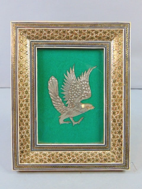 Etched Copper Eagle w/ Khatam Inlaid Frame: FOR SALE IS THIS VINTAGE DECORATIVE MIDDLE EASTERN ETCHED COPPER EAGLE WITH KHATAM INLAID FRAME. FRAME MEASURES 10 1/4" LONG BY 8 1/8" WIDE. ANY QUESTIONS PLEASE DO NOT HESITATE TO ASK. BE SURE TO CHE