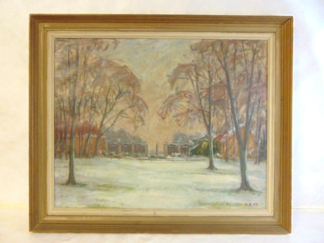 VINTAGE EUROPEAN COURTYARD WINTER SCENE PAINTING: AN INCREDIBLE VINTAGE OIL PAINTING OF WHAT APPEARS TO BE A WINTER SCENE OF A EUROPEAN COURTYARD. PAINTING MEASURES 39 1/2" BY 29 1/4" WITH THE FRAME. PAINTING CAME FROM AN ESTATE IN PARIS, WHERE THE O