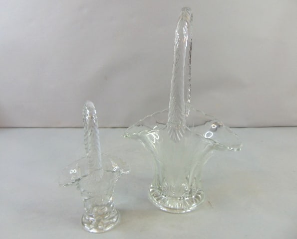Decorative Pressed Glass Flower Marriage Baskets: VINTAGE DECORATIVE PRESSED GLASS FLOWER MARRIAGE BASKETS. TALL BASKET MEASURES 12 1/2" TALL BY 4 1/2" WIDE BY 7 7/8" LONG. SMALLER BASKET MEASURES 7 3/4" TALL BY 4 1/8" LONG. TALLER BASKET HAS SOME SM