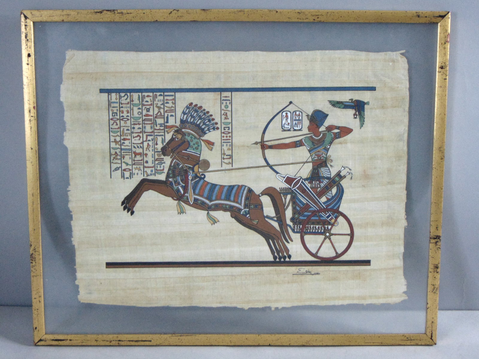 Vintage Estate Signed Framed Egyptian Linen Art Print: FOR SALE IS THIS VINTAGE ESTATE SIGNED FRAMED EGYPTIAN LINEN ART PRINT. THE FRAME MEASURES 21" BY 17". FRAME HAS SOME BLEMISHES AND CHIPS AS SEEN IN THE PICTURES, WOULD BE BUYING AS IS. PRINT IS SIGNE