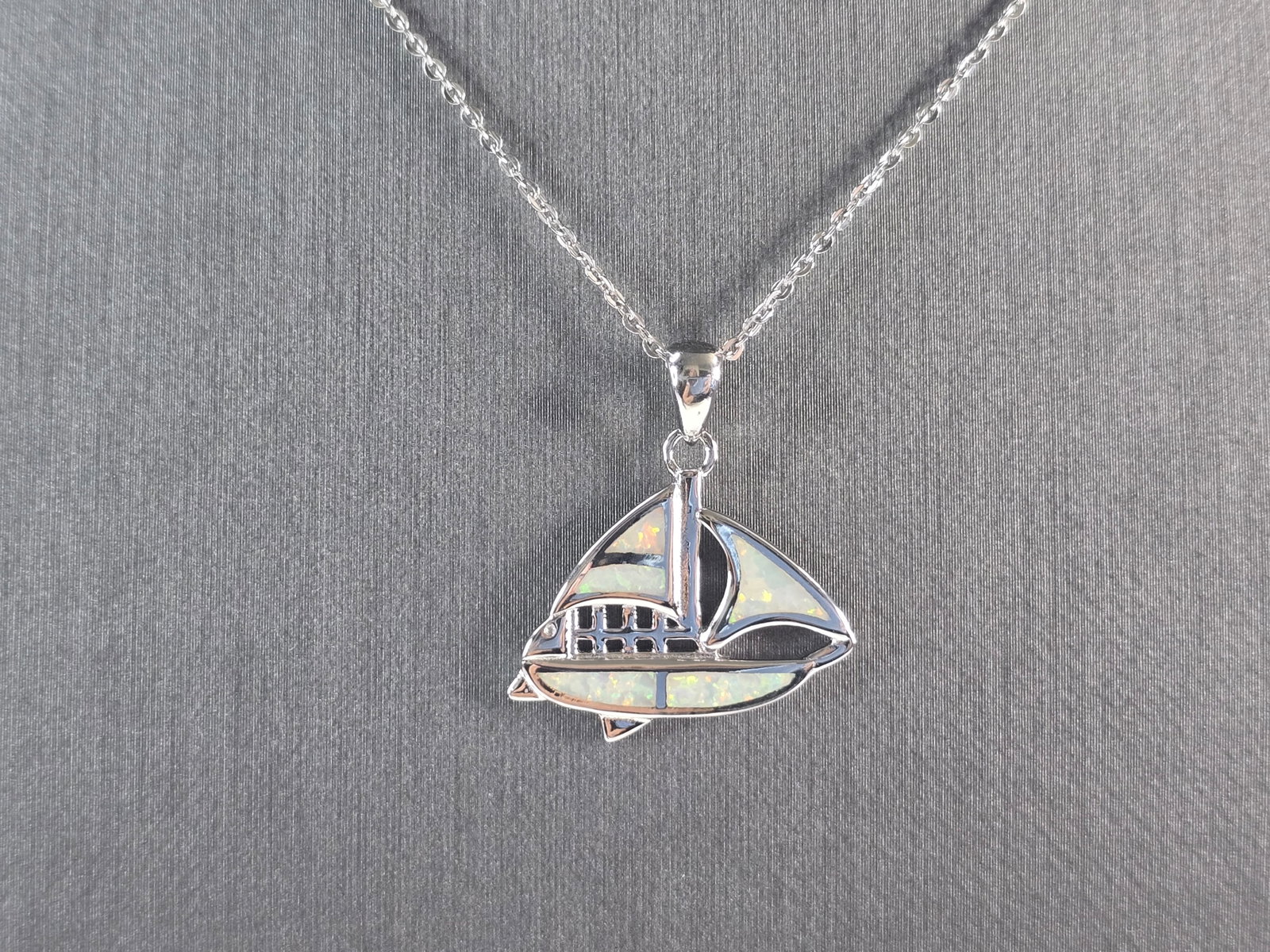 Womens Sterling Silver Opal Sailboat Pendant Necklace (1 of 4)