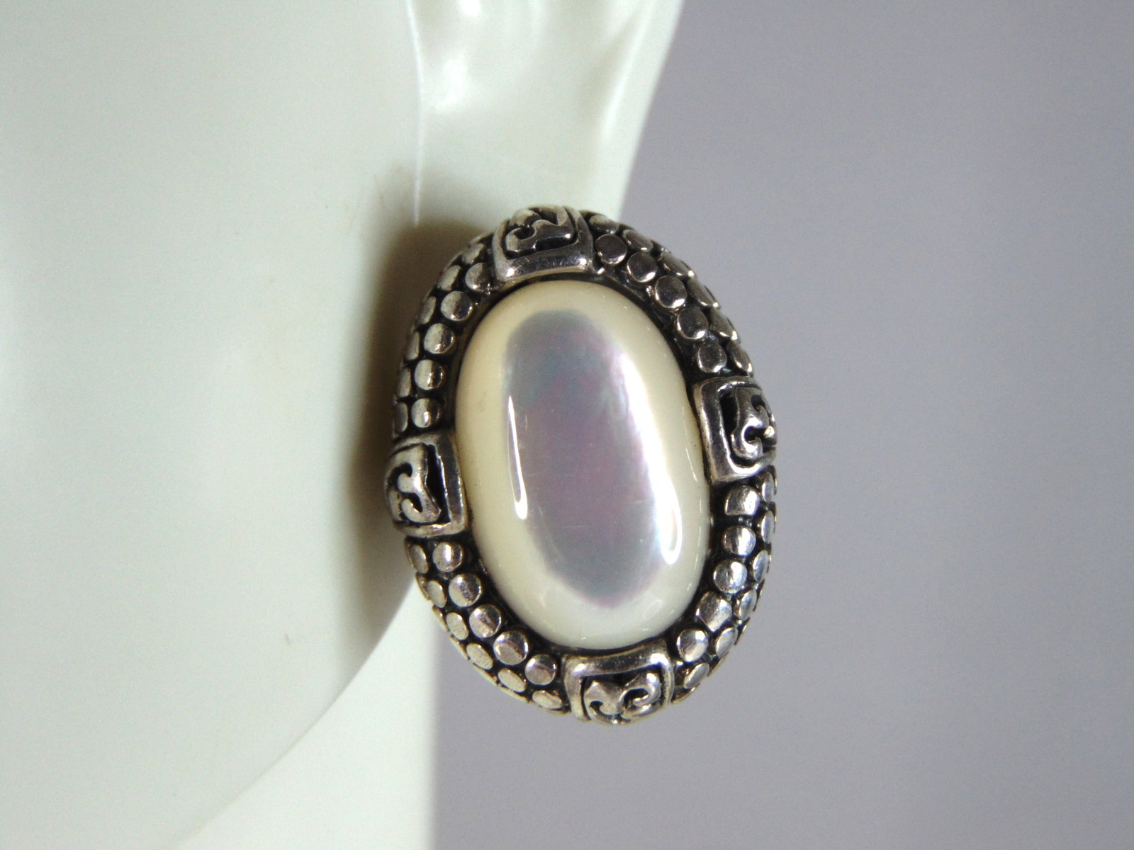 Womens Vintage Estate Sterling Silver M.O.P. Earrings: WOMENS VINTAGE ESTATE STERLING SILVER MOTHER OF PERAL EARRINGS THAT WEIGHS 9.3g AND MEASURES 7/8" LONG BY 5/8" WIDE. NOT SURE IF STONE IS NATURAL OR MAN MADE. ANY OTHER QUESTIONS, PLEASE DO NOT HESITA