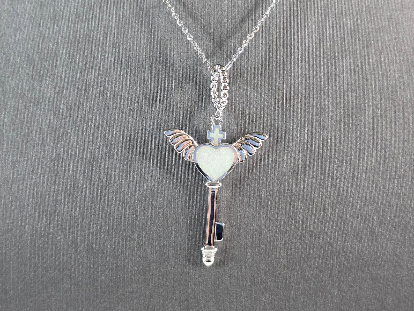 Womens Sterling Silver Opal Winged Cross Heart Pendant Necklace (1 of 4)