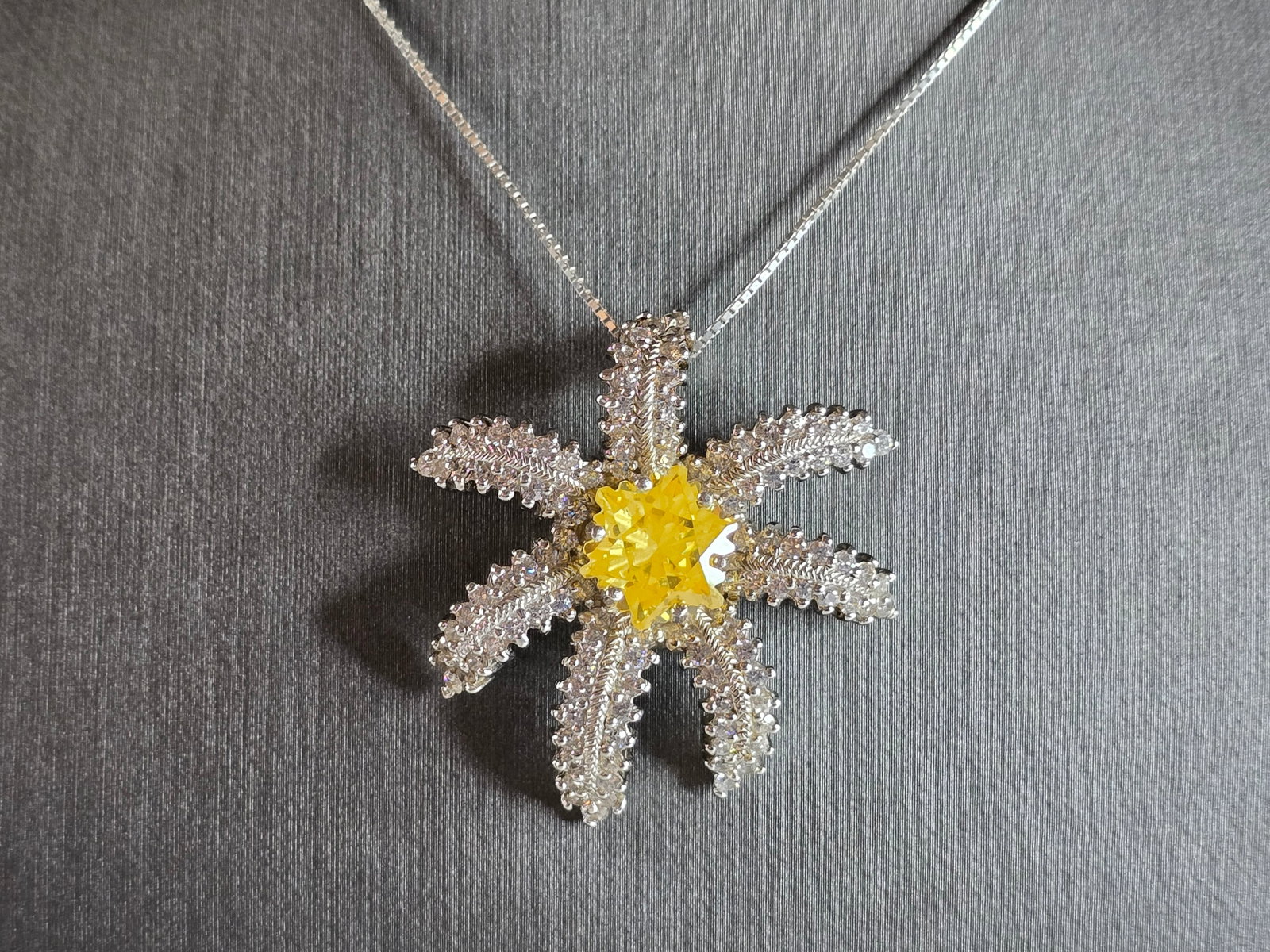 Womens Vintage Estate Sterling Silver Necklace W/ Flower Pendant: A WOMENS ESTATE STERLING SILVER NECKLACE WITH FLOWER PENDANT. THE NECKLACE AND PENDANT WEIGH 14.7g. THE PENDANT MEASURES 1 1/2" BY 1 1/2". THE NECKLACE MEASURES 18" LONG. ANY QUESTIONS PLEASE DONT HES