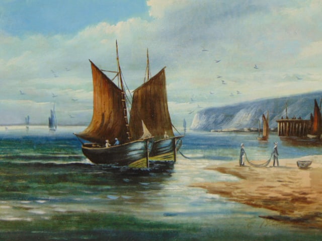 ANTIQUE OIL ON CANVAS SEASCAPE PAINTING SIGNED - 2