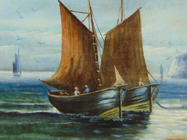ANTIQUE OIL ON CANVAS SEASCAPE PAINTING SIGNED - 3