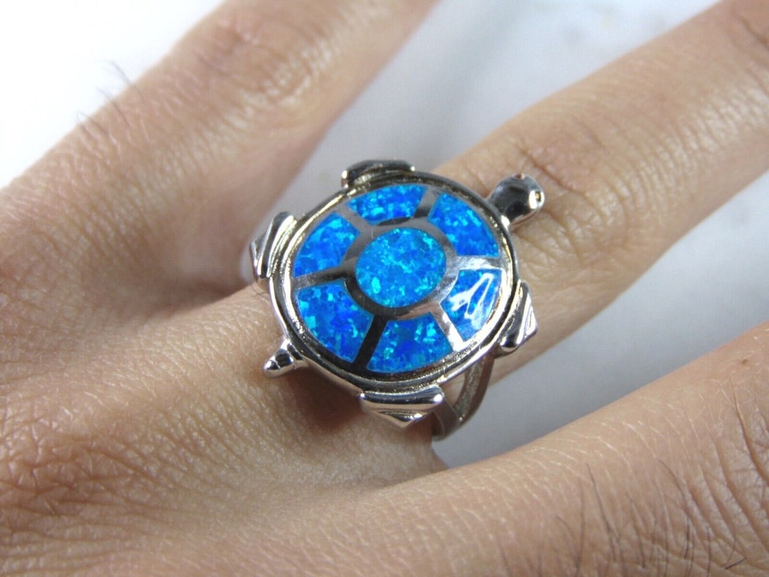 Womens Sterling Silver Modernist Opal Turtle Ring - 5
