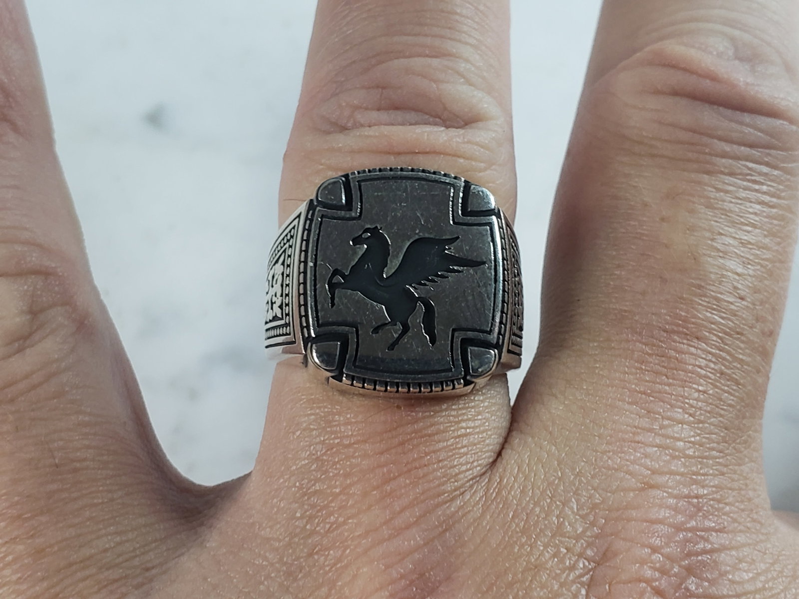 Mens Sterling Silver Pegasus Ring - 5