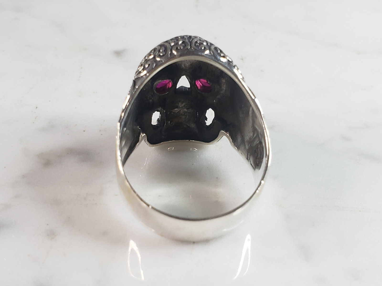 Mens Sterling Silver Ruby Eyed Skull Ring - 3