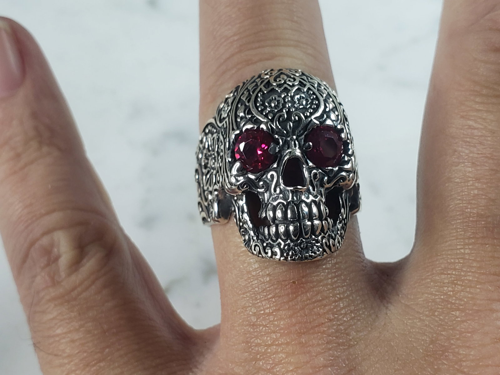 Mens Sterling Silver Ruby Eyed Skull Ring - 5