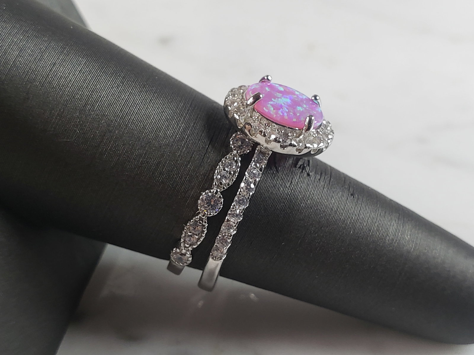 Womens Sterling Silver Pink Opal Stone Ring Set - 2
