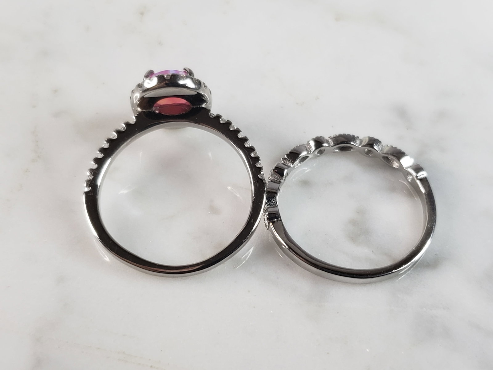 Womens Sterling Silver Pink Opal Stone Ring Set - 3