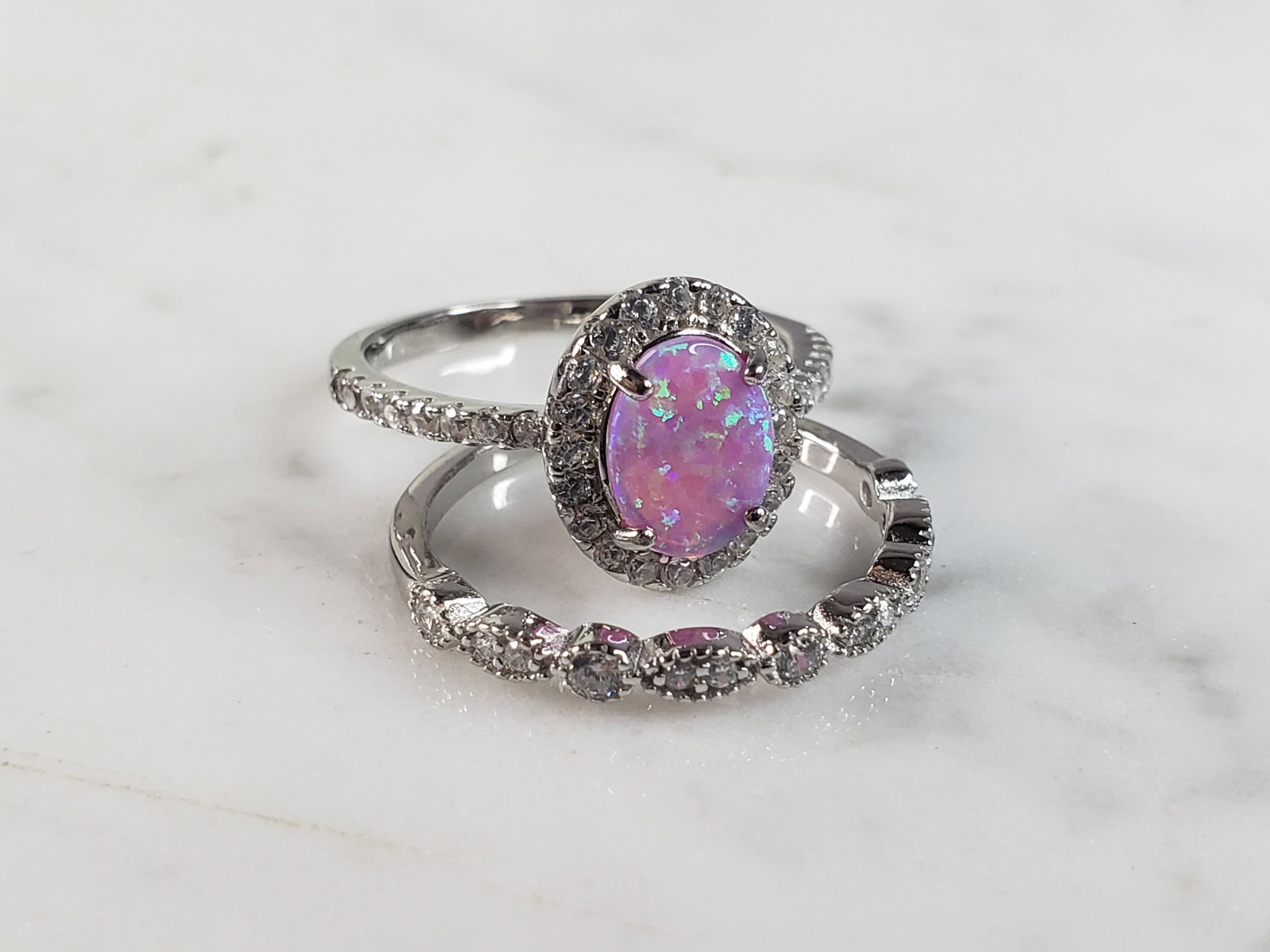 Womens Sterling Silver Pink Opal Stone Ring Set - 4