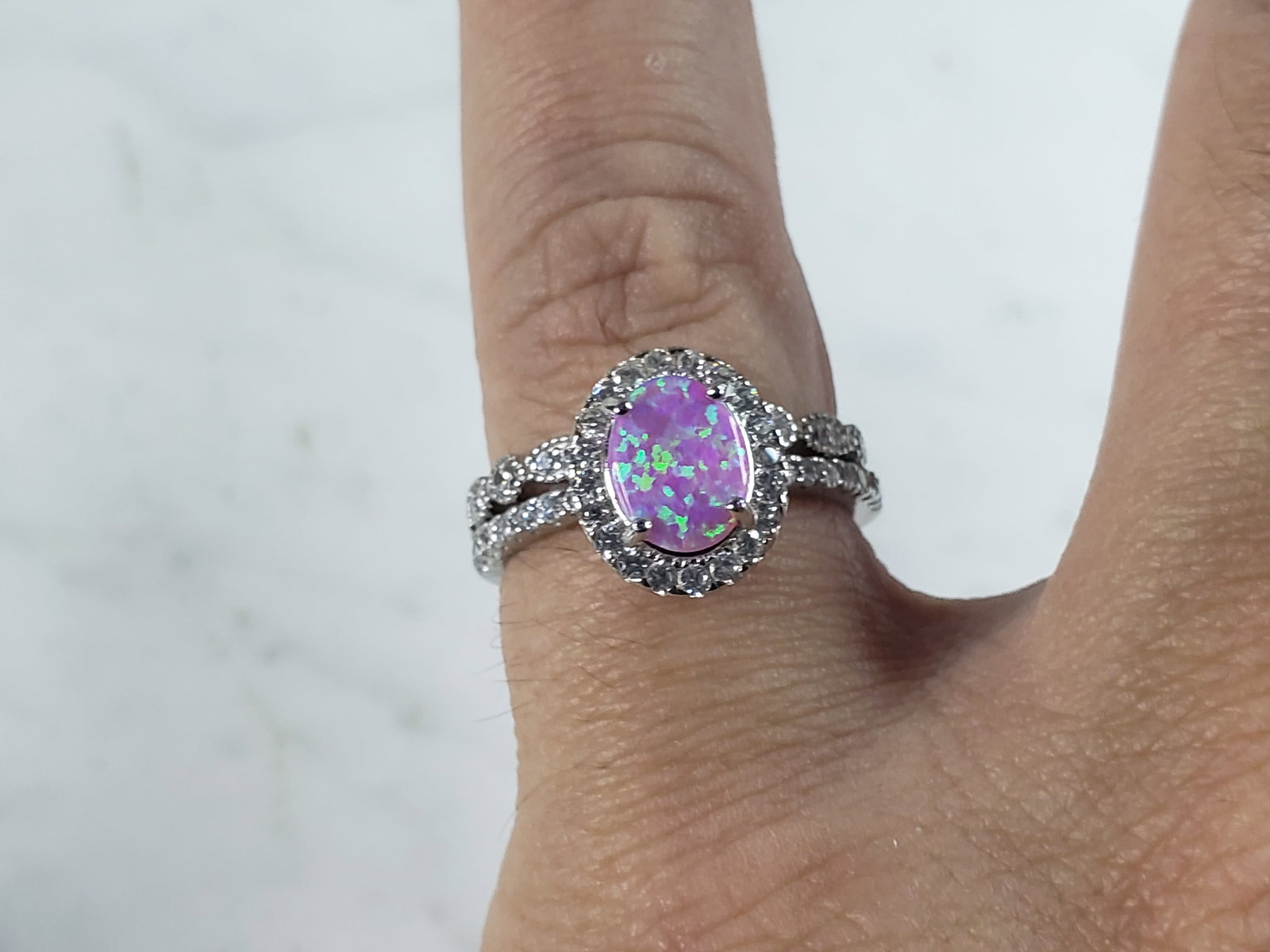 Womens Sterling Silver Pink Opal Stone Ring Set - 5