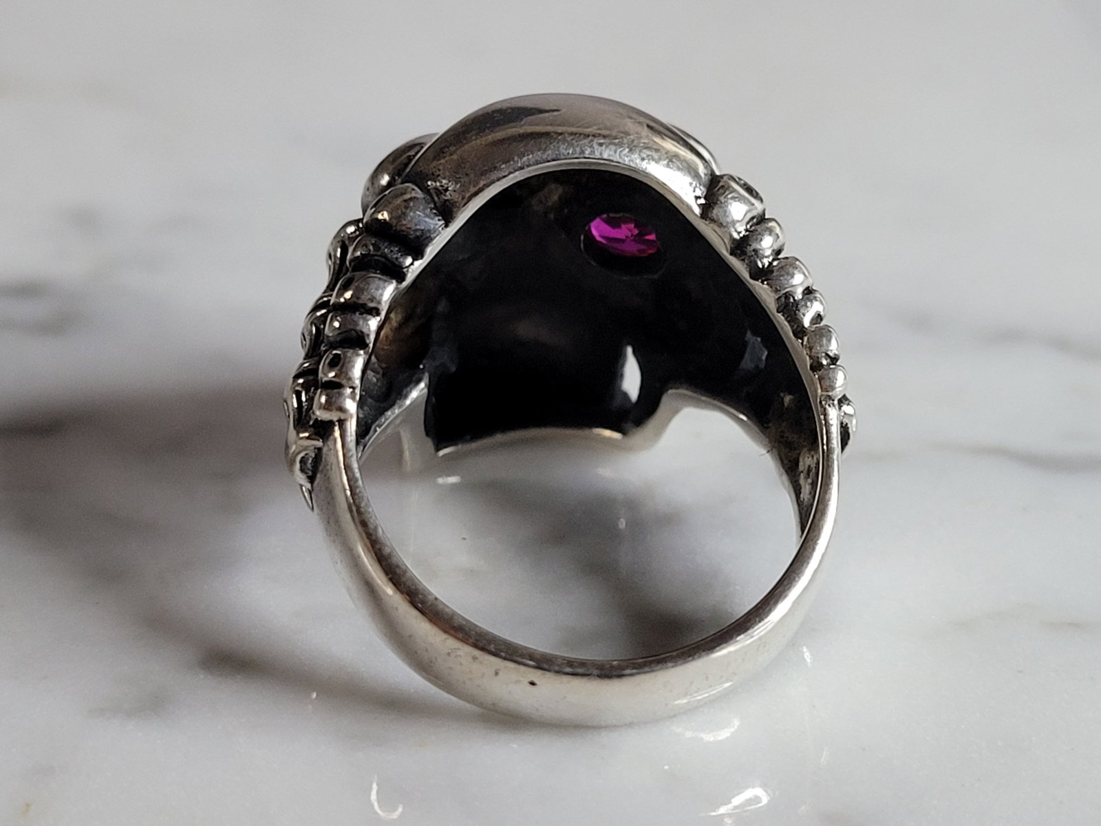 Mens Sterling Silver Ruby Eyed Skull Ring - 3