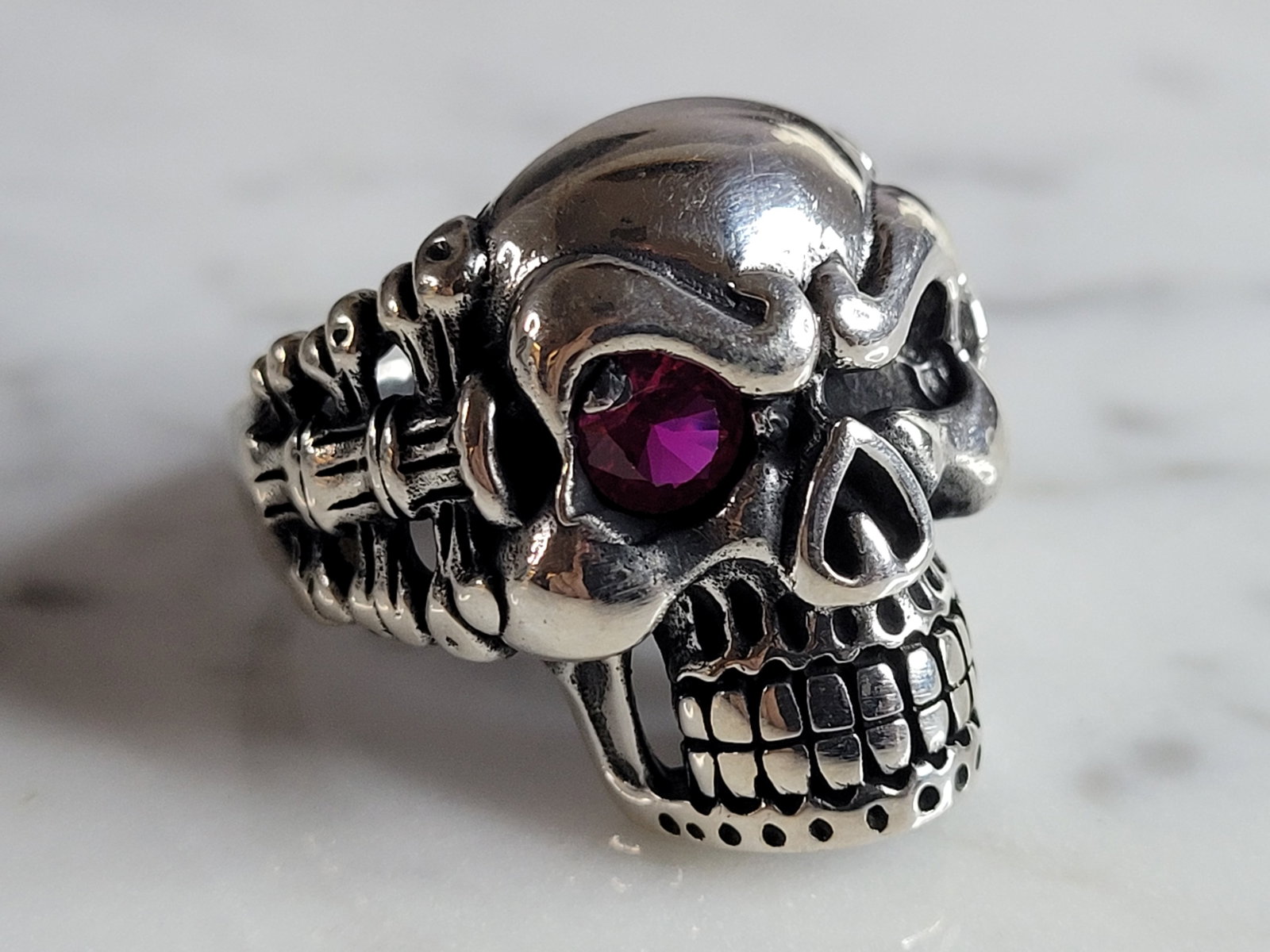 Mens Sterling Silver Ruby Eyed Skull Ring - 4