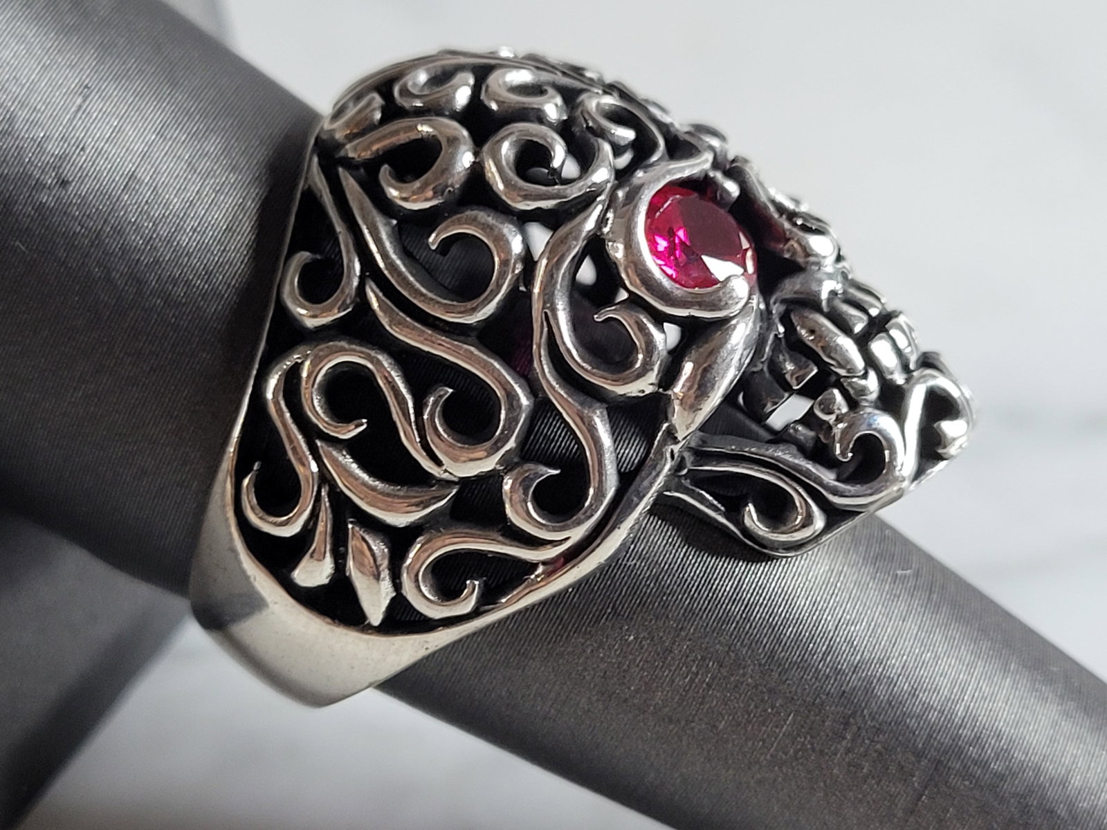 Mens Sterling Silver Ruby Eyed Skull Ring - 2