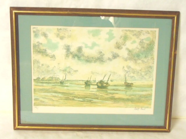 VINTAGE LIMITED ARTIST SIGNED LITHO OF BOATS LOW TIDE: A LOVELY VINTAGE LIMITED EDITION LITHO OF BOATS IN LOW TIDE. PIECE MEASURES 25" BY 19" WITH THE FRAME. CONDITION IS GOOD TO FAIR. AS YOU CAN SEE THE MATTE DOES HAVE A WATER MARK AND THE FRAME DOES HAV