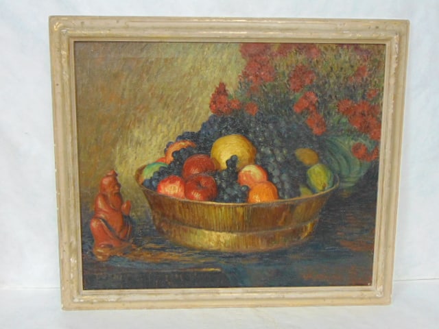VINTAGE OIL ON CANVAS STILL LIFE BY FRED ALLEN: A VINTAGE OIL ON CANVAS STILL LIFE THAT WAS DONE BY LISTED ARTIST FRED ALLEN IN 1926. THE PAINTING MEASURES 34 1/4" BY 29 1/4" WITH THE FRAME. SHIPPING AND HANDLING IS $50 WITHIN THE CONTINENTAL US. A