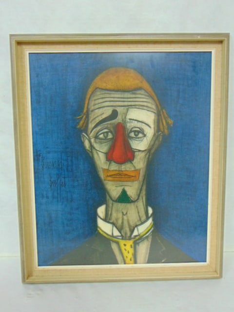 Vintage Tete the Clown Litho by Bernard Buffett: A VINTAGE CLOWN LITHO DONE BY LISTED ARTIST BERNARD BUFFETT. THE PIECE MEASURES 25 1/4" BY 21 1/4". FRAME HAS A COUPLE VERY MINOR BLEMISHES BUT IS IN OVERALL GREAT CONDITION. SHIPPING IS $40 WITHIN TH