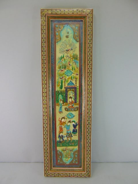 Hand Painted Park Scene w/ Khatam Inlaid Frame: FOR SALE IS THIS VINTAGE DECORATIVE MIDDLE EASTERN HAND PAINTED PARK SCENE WITH KHATAM INLAID FRAME. FRAME MEASURES 19 1/2" LONG BY 5 3/4" WIDE. FRAME HAS A SMALL CRACK IN THE TOP CORNER AS SEEN IN PI