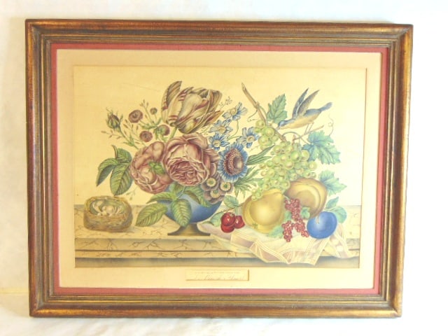 Antique French Floral Still Life Litho by Le Grand: AN ANTIQUE FRENCH FLORAL STILL LIFE LITHO THAT WAS DONE BY P.F. LE GRAND. PIECE MEASURES 32 1/4" BY 25 1/2" WITH THE FRAME. CONDITION IS GOOD BUT AS YOU MAY BE ABLE TO SEE IT DOES HAVE SOME BLEMISHES.