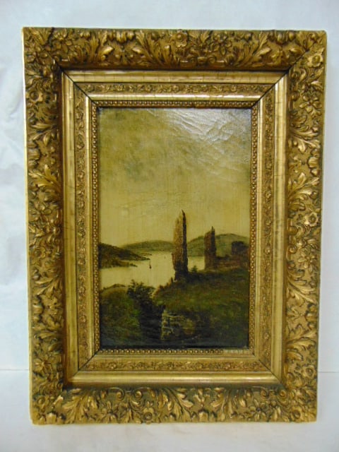 ANTIQUE EUROPEAN RUINS LANDSCAPE OIL PAINTING ON CANVAS: A BEAUTIFUL ANTIQUE OIL PAINTING ON CANVAS THAT MEASURES 25" BY 19" WITH THE FRAME. THE VIEWABLE MEASUREMENT IS 16" BY 10". THE PAINTING IS UNSIGNED. CONDITION ISNT BAD FOR ITS AGE. DOES HAVE SOME CRA