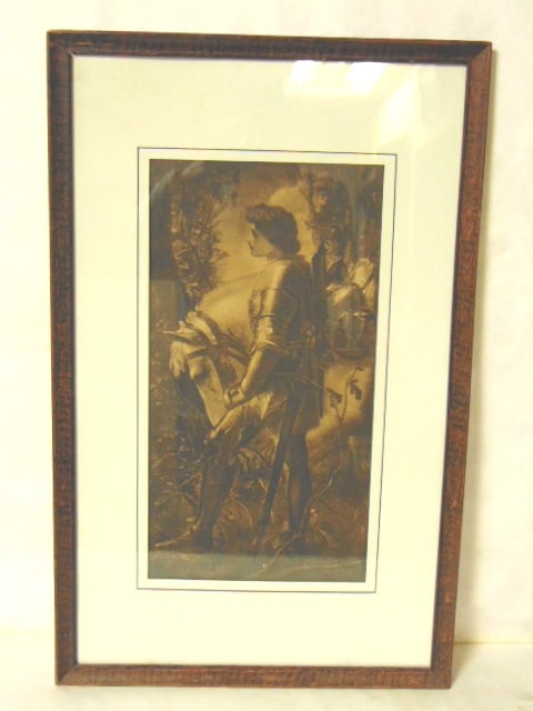 Antique Litho Print of Galahad w/ Horse: AN ANTIQUE GALAHAD PRINT OR LITHO. PIECE MEASURES 29 1/4" BY 18 1/4" WITH THE FRAME. CONDITION LOOKS GOOD. AS YOU CAN SEE IT DOES HAVE A TINY BLEMISH, AND THE GLASS COULD USE A LITTLE CLEANING FROM TH
