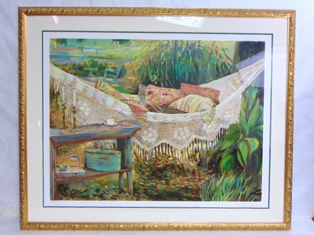 DECORATIVE LITHO PRINT ARTIST SIGNED NUMBERED M.M DULA: A BEAUTIFUL LIMITED EDITION LITHOGRAPH THAT IS ARTIST SIGNED AND NUMBERED. LOOK LIKE IT WAS DONE BY AN ARTIST NAMED "M.M. DULA". PIECE MEASURES 47 3/4" BY 38 3/4" WITH THE FRAME. THE PLEXI GLASS HAS O