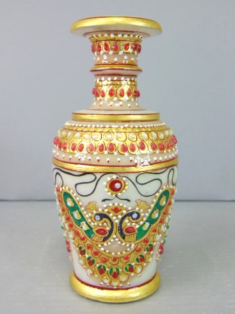 Small Decorative Hand Painted Natural Marble Vase: THIS WONDERFUL SMALL DECORATIVE MARBLE VASE THAT HAS BEEN HOLLOWED OUT FROM A SOLID PIECE OF MARBLE, HAND PAINTED WITH JEWEL TONE COLORS AND GOLD LEAF PAINT, AND THEN ACCENTED WITH SPARKLING DIAMOND C
