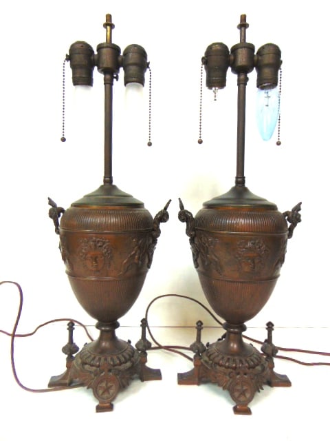 PR OF ANTIQUE FRENCH VICTORIAN ART NOUVEAU STYLE LAMPS: A BEAUTIFUL PAIR OF ANTIQUE FRENCH ART NOUVEAU STYLE TABLE LAMPS THAT I BELIEVE IS MADE FROM BRONZE BUT NOT 100% ON THAT PART. EACH LAMP MEASURES ABOUT 25" TALL BY 8" LONG. CONDITION IS VERY NICE FRO 