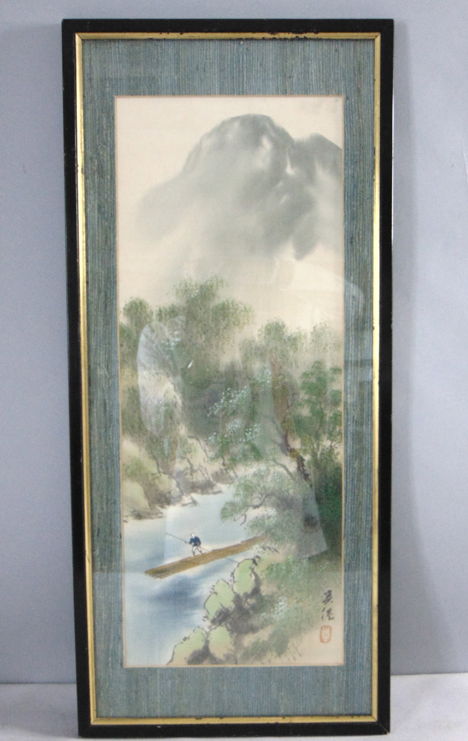 Vintage Estate Signed & Framed Linen Chinese Art Print: FOR SALE IS THIS VINTAGE ESTATE SIGNED & FRAMED LINEN CHINESE ART PRINT. THE FRAME MEASURES 13" BY 29". FRAME HAS SOME BLEMISHES AND CHIPS AS SEEN IN THE PICTURES, WOULD BE BUYING AS IS. ANY QUESTIONS