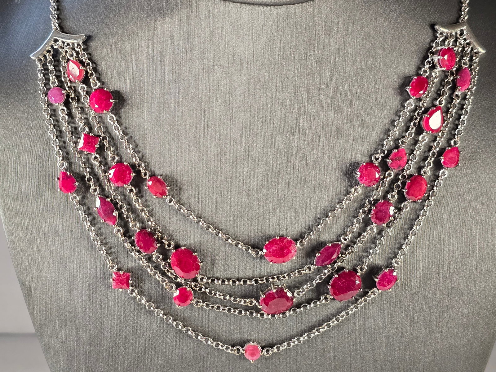 Womens Vintage Estate Sterling Silver Natural Ruby Layered Necklace (1 of 3)
