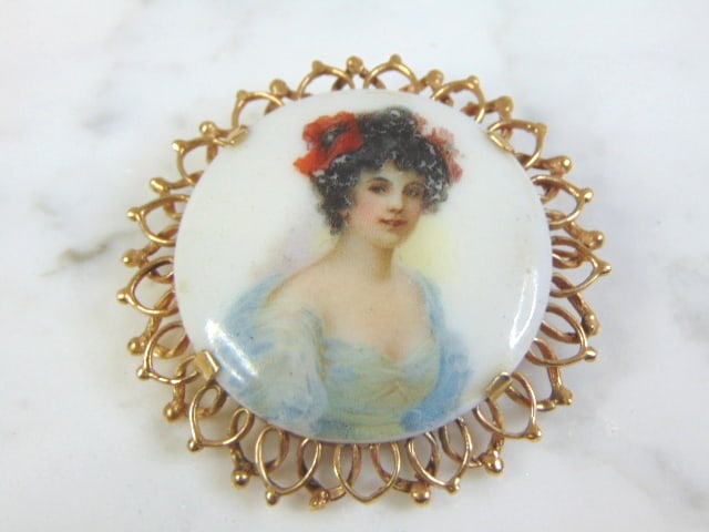 Womens Vintage Estate 14K Gold Hand Painted Porcelain Brooch (1 of 2)